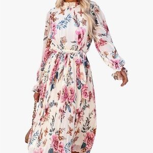 Floral Midi Dress Puff Long Sleeve Casual Ruffle Chiffon A-Line Swing Pleated